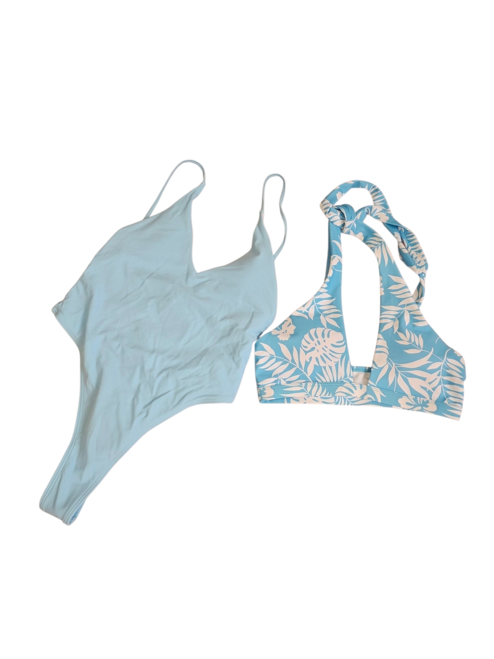 Light Blue One-Piece & Tropical Print Bikini Top Lot